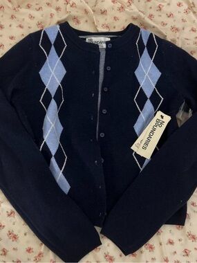 No Boundaries Navy Argyle Cardigan with Light Blue Diamonds